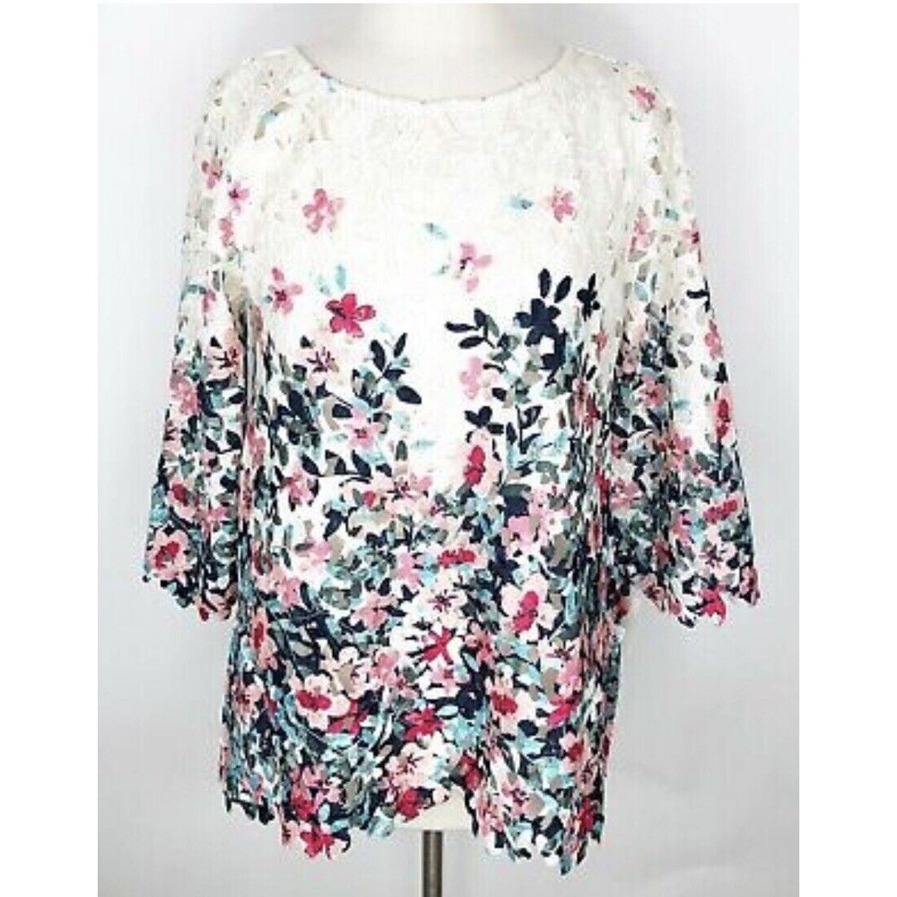 Charter Club PETITE L Crochet Lace Overlay Top 3/4 Sleeves Women's @